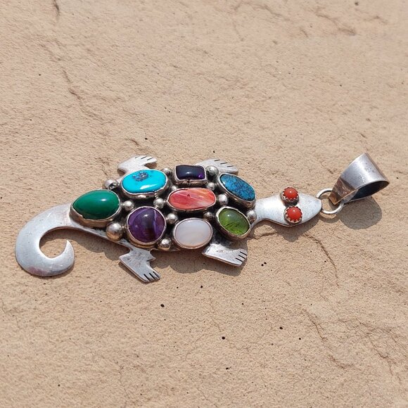 Navajo Sterling Silver Emer Thompson Multi-Stone Lizard Pendant - Picture 3 of 8